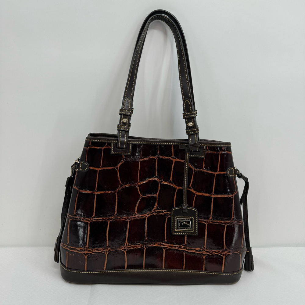 Dooney & Bourke Cognac Croc Embossed Leather Tassel Tote Bag